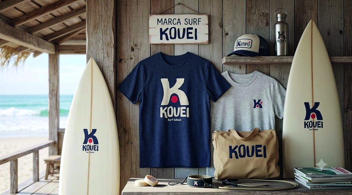 Gorras y camisetas de Kouei Surf School en el rack de la escuela